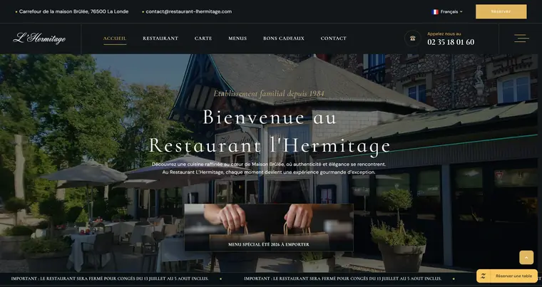 Capture d’écran du site vitrine réalisé pour le Restaurant Hermitage