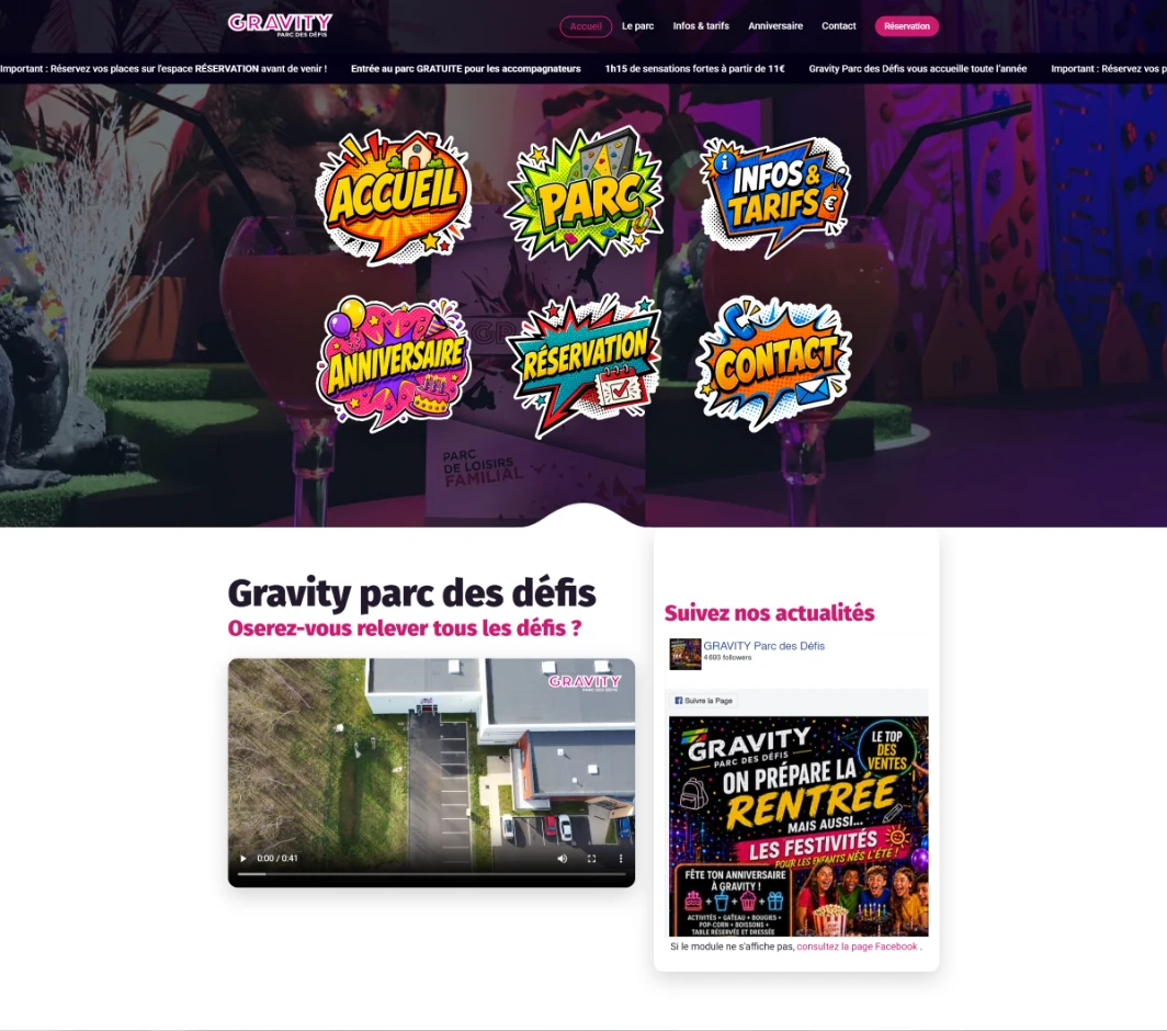 Aperçu de la page d'accueil du site Gravity Parc des Défis réalisé par Maxima Design