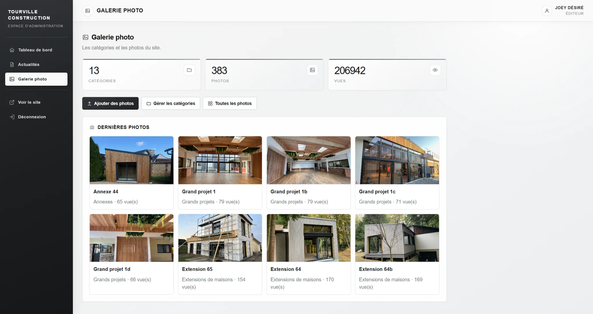Interface d'administration sur mesure du site Tourville Construction