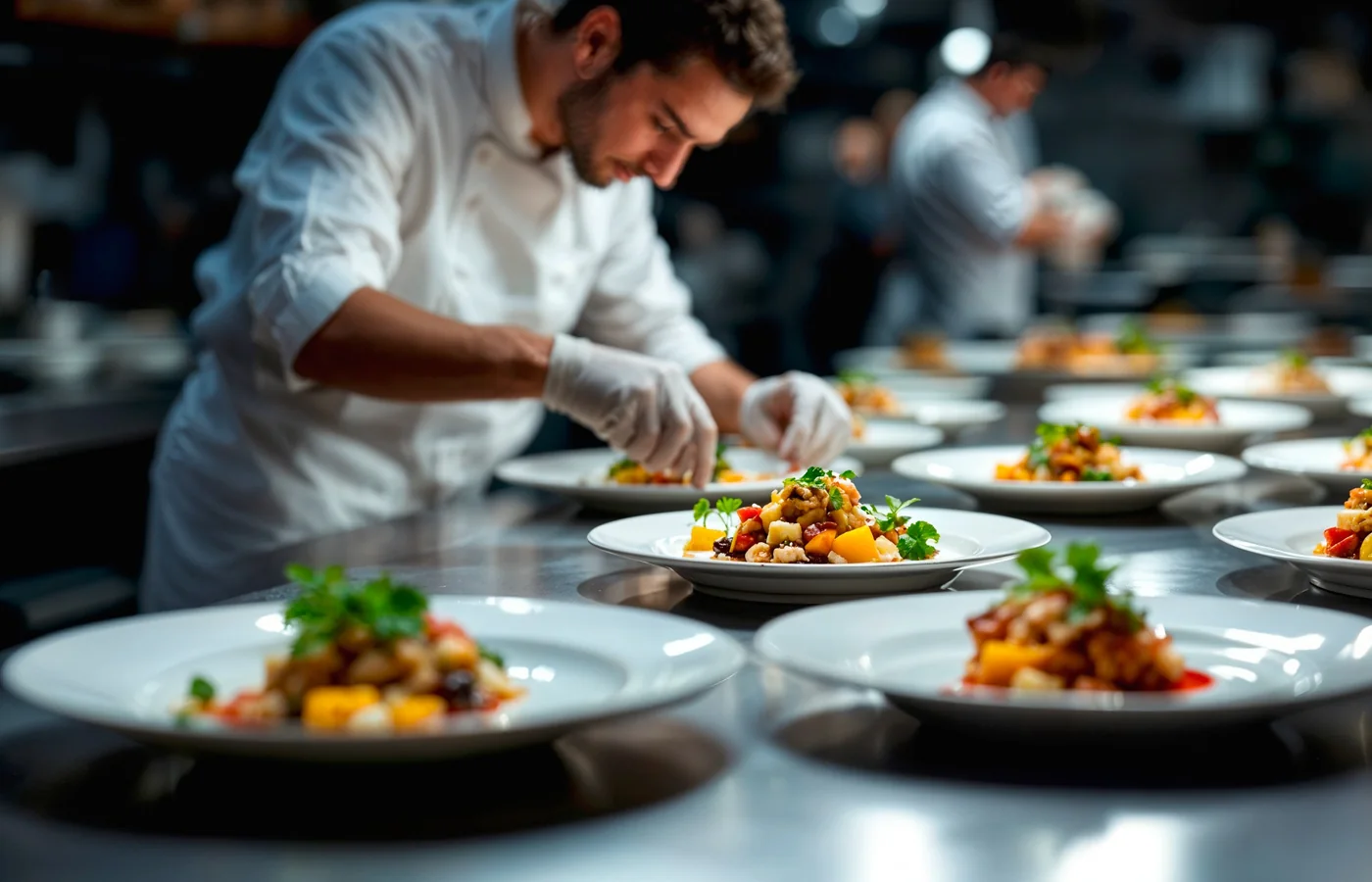 Chef dressant des assiettes en cuisine, photo d’illustration